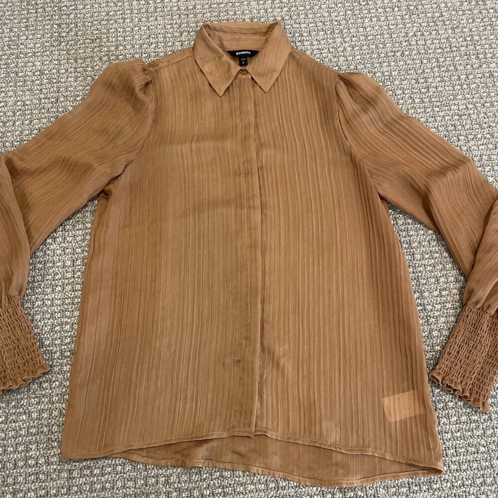 Express Brown Pleated Button-Down Blouse